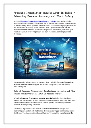 Pressure Transmitter Manufacturer In India – Enhancing Process Accuracy and Plant Safety