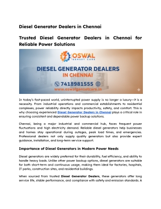 Trusted Diesel Generator Dealers in Chennai for Reliable Power Solutions