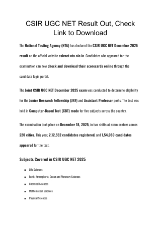 CSIR UGC NET Result Out, Check Link to Download