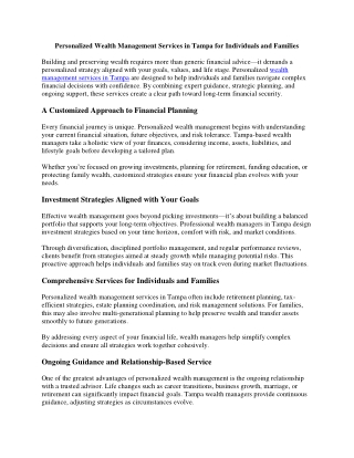 Personalized Wealth Management Services in Tampa for Individuals and Families