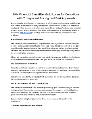 SKN Financial Simplifies Gold Loans for Canadians with Transparent Pricing and Fast Approvals