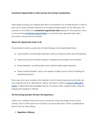 Investment Opportunities in India and Key Structuring Considerations