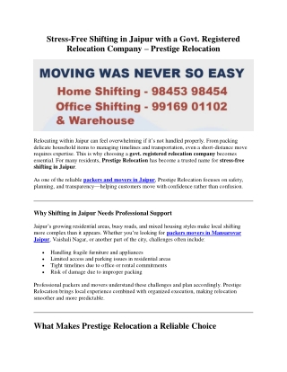 Stress-Free Shifting in Jaipur with a Govt. Registered Relocation Company – Prestige Relocation