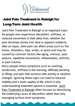Joint Pain Treatment in Raleigh – Trusted Solutions for Joint Comfort