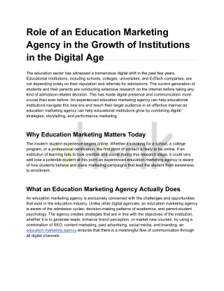 Role of an Education Marketing Agency in the Growth of Institutions in the Digital Age