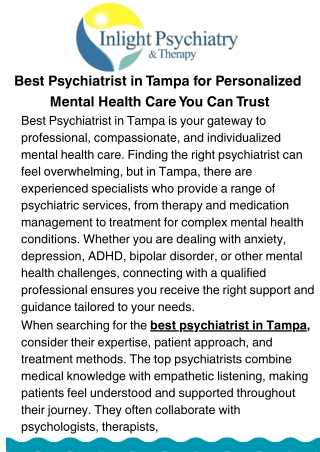 Best Psychiatrist in Tampa Offering Compassionate & Evidence-Based Treatment