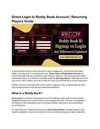 Direct Login to Reddy Book Account _ Returning Players Guide