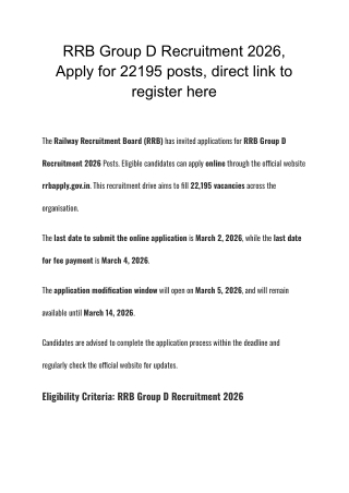 RRB Group D Recruitment 2026, Apply for 22195 posts, direct link to register here