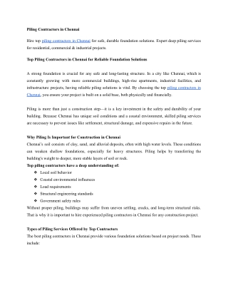 Top Piling Contractors in Chennai for Reliable Foundation Solutions