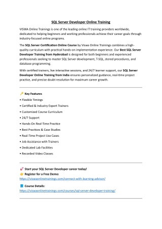 SQL Server Developer Online Training Real-time support from India