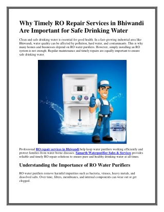 Why Timely RO Repair Services in Bhiwandi Are Important for Safe Drinking Water
