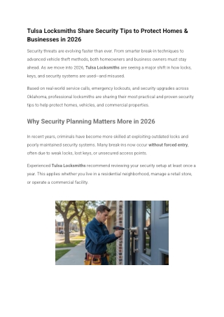 Tulsa Locksmiths Share Security Tips to Protect Homes & Businesses in 2026