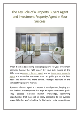 The Key Role of a Property Buyers Agent and Investment Property Agent in Your Success