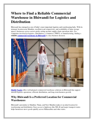Where to Find a Reliable Commercial Warehouse in Bhiwandi for Logistics and Distribution