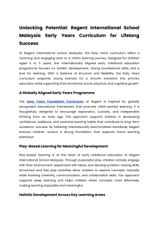 Unlocking Potential: Regent International School Malaysia Early Years Curriculum
