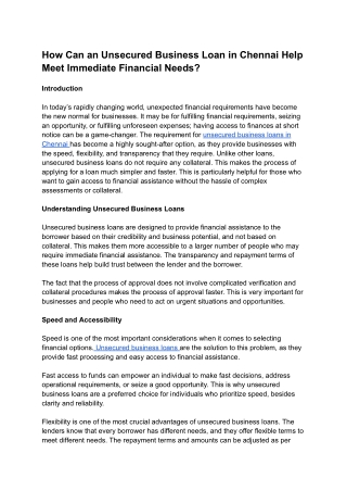 How Can an Unsecured Business Loan in Chennai Help Meet Immediate Financial Needs