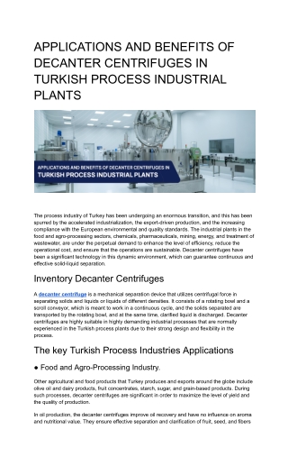 APPLICATIONS AND BENEFITS OF DECANTER CENTRIFUGES IN TURKISH PROCESS INDUSTRIAL PLANTS