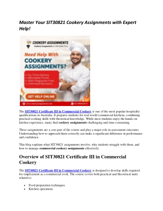 Master Your SIT30821 Cookery Assignments with Expert Help