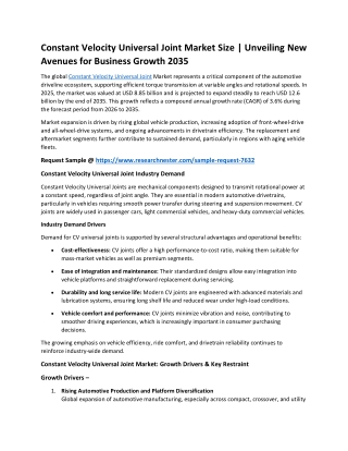 Constant Velocity Universal Joint Market is Rising in Upcoming Years | 2035