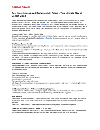 Best Hotel, Lodges, and Restaurants in Palani – Your Ultimate Stay at Ganpat Grand