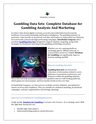 Gambling Data Sets- Complete Database for Gambling Analysis And Marketing