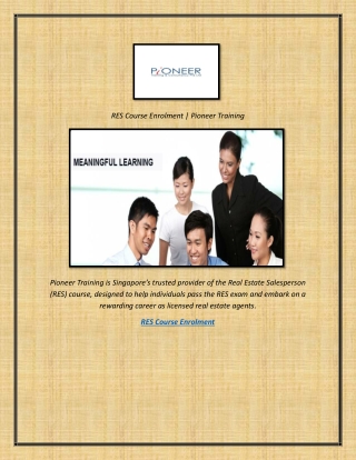 RES Course Enrolment  Pioneer Training