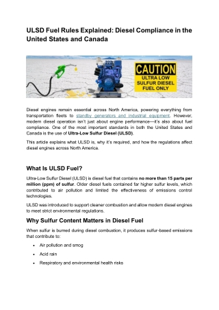 ULSD Fuel Rules Explained: Diesel Compliance in the United States and Canada