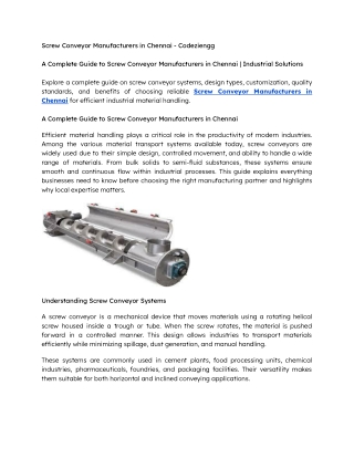 A Complete Guide to Screw Conveyor Manufacturers in Chennai  Industrial Solutions