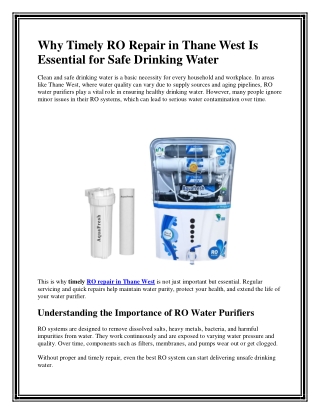 Why Timely RO Repair in Thane West Is Essential for Safe Drinking Water