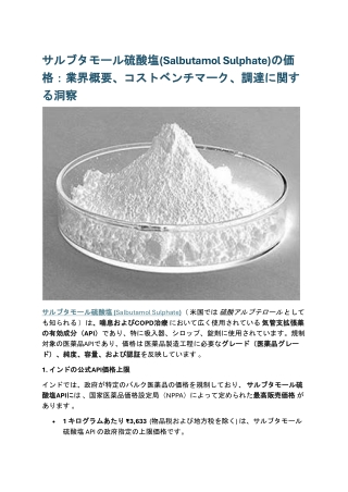 サルブタモール硫酸塩(Salbutamol Sulphate)の価格：業界概要、コストベンチマーク、調達に関する洞察