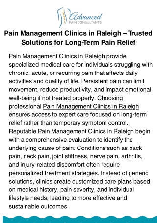 Pain Management Clinics in Raleigh – Specialized Care for Long-Term Comfort