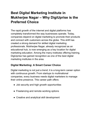 Best Digital Marketing Institute in Mukherjee Nagar – Why DigiUprise is the Preferred Choice