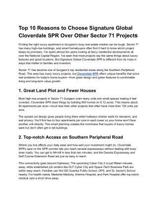 Top 10 Reasons to Choose Signature Global Cloverdale SPR Over Other Sector 71 Projects