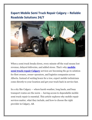 Expert Mobile Semi Truck Repair Calgary - Reliable Roadside Solutions