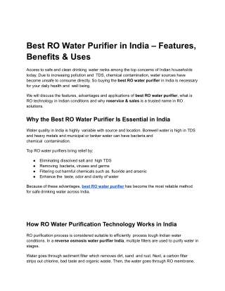Best RO Water Purifier in India – Features, Benefits & Uses