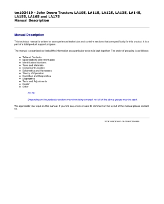 John Deere LA105, LA115, LA125, LA135, LA145, LA155, LA165 and LA175 Lawn Tractor Service Repair Manual Instant Download