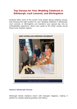 Top Venues for Your Wedding Celebrant in Edinburgh, Loch Lomond, and Stirlingshire