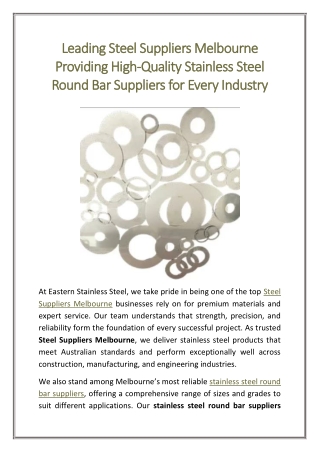 Leading Steel Suppliers Melbourne Providing High-Quality Stainless Steel Round Bar Suppliers for Every Industry