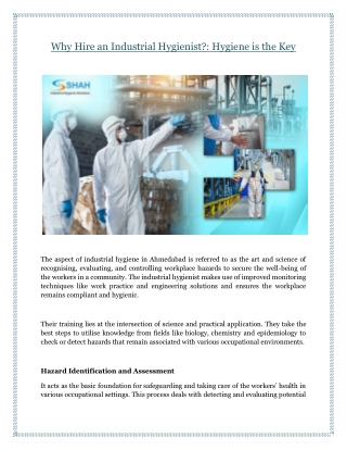 Why Hire an Industrial Hygienist?: Hygiene is the Key