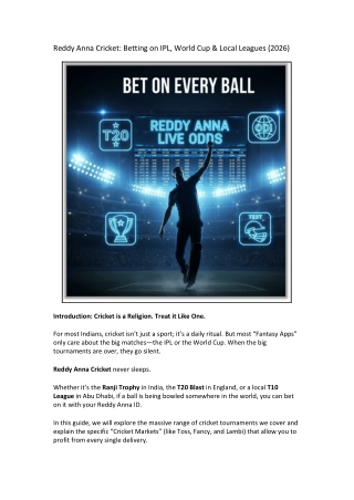 Reddy Anna Cricket Betting on IPL, World Cup & Local Leagues (2026)