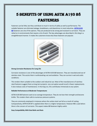 5 Benefits of Using ASTM A193 B8 Fasteners
