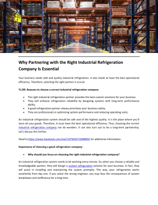 Why Partnering with the Right Industrial Refrigeration Company Is Essential