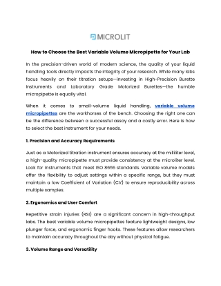 Equipping the Modern Scientist: Choosing Variable Volume Micropipettes