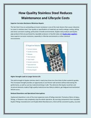 How Quality Stainless Steel Reduces Maintenance and Lifecycle Costs