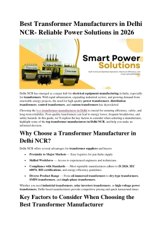 Best Transformer Manufacturers in Delhi NCR- Reliable Power Solutions in 2026