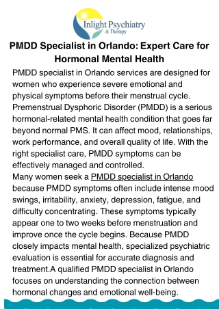 PMDD Specialist in Orlando for Women’s Mental Health