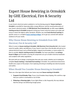 2- Expert House Rewiring in Ormskirk by GHE Electrical, Fire & Security Ltd