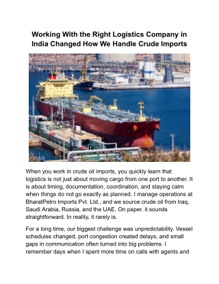 Working With the Right Logistics Company in India Changed How We Handle Crude Imports