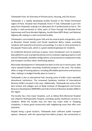 Tathawade localTathawade Pune: An Overview of Infrastructure, Housingity article