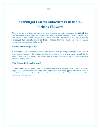 Centrifugal Fan Manufacturers in India – Perkins Blowers Co